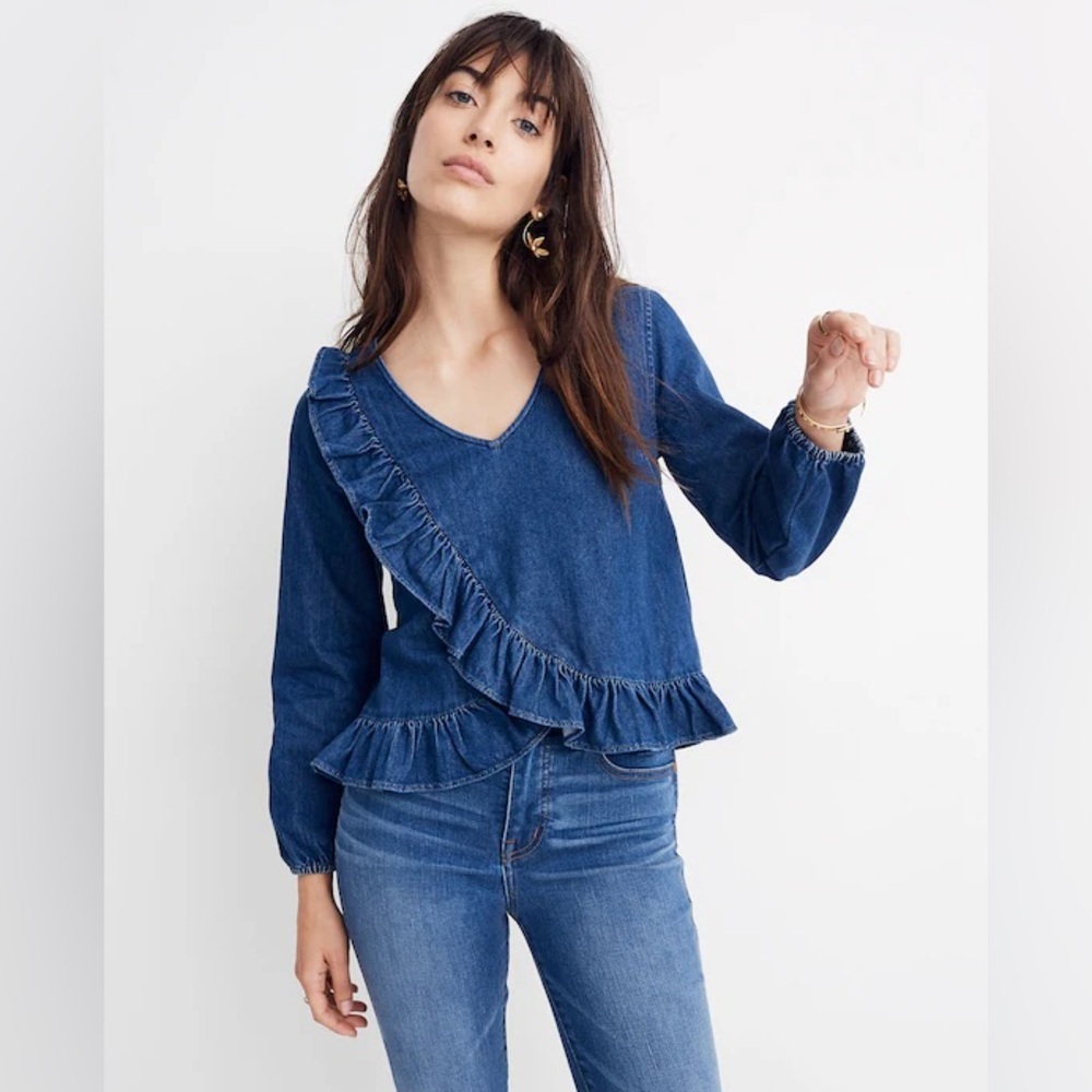 Madewell Indigo Denim Ruffle Blouse Top